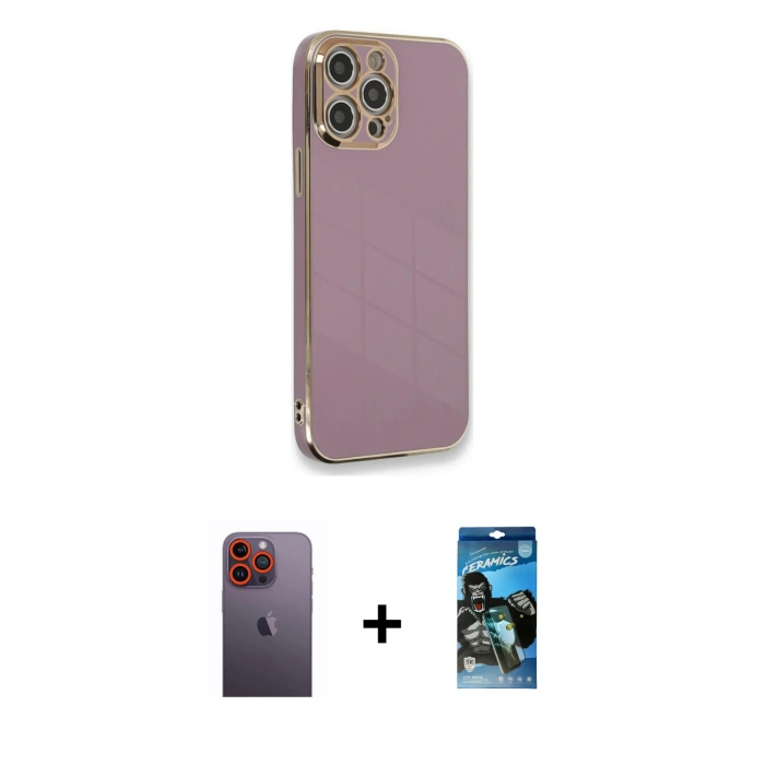 MARSİLYAN™- iPhone 12 Pro Max Kılıf Yankı Serisi - Siyah 34D Izgaralı Cam + Neon Fosforlu Kamera Lens - TU