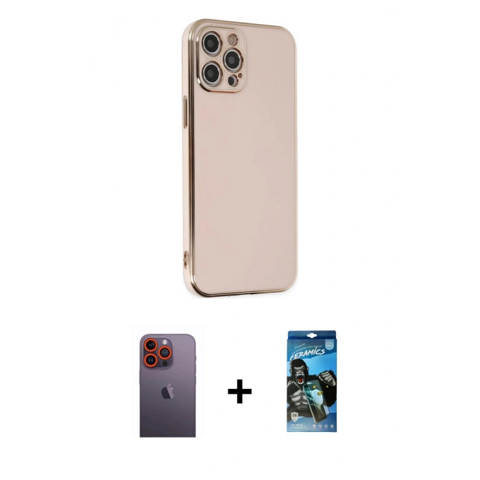 MARSİLYAN™- iPhone 12 Pro Max Kılıf Yankı Serisi - Siyah 34D Izgaralı Cam + Neon Fosforlu Kamera Lens - TU