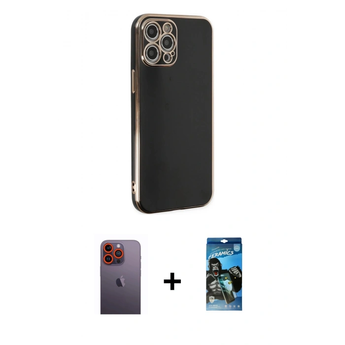 MARSİLYAN™- iPhone 12 Pro Max Kılıf Yankı Serisi - Siyah 34D Izgaralı Cam + Neon Fosforlu Kamera Lens - TU