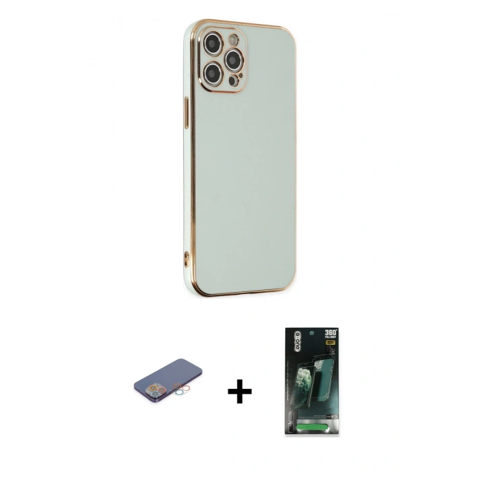 MARSİLYAN™- iPhone 12 Pro Max Kılıf Yankı Serisi - Siyah 360 Mat Full Body Arka Koruyucu + Renkli Kamera Lens Koruma Cam - PE