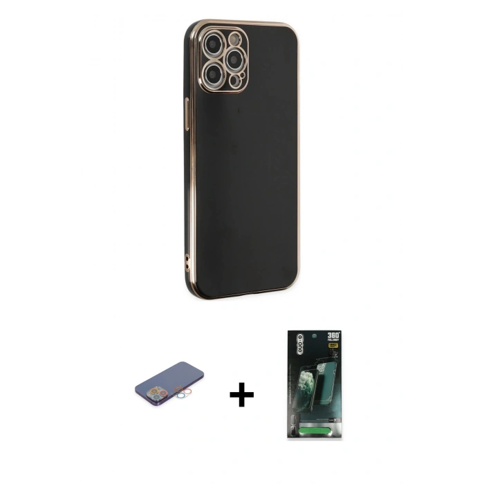 MARSİLYAN™- iPhone 12 Pro Max Kılıf Yankı Serisi - Siyah 360 Mat Full Body Arka Koruyucu + Renkli Kamera Lens Koruma Cam - PE