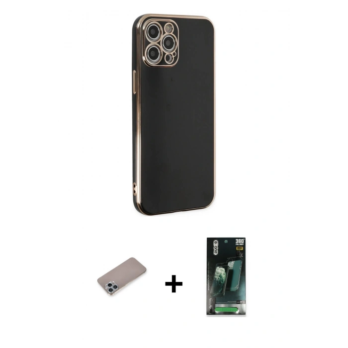MARSİLYAN™- iPhone 12 Pro Max Kılıf Yankı Serisi - Siyah 360 Mat Full Body Arka Koruyucu + Shine Kamera Lens Koruma Cam - SABE