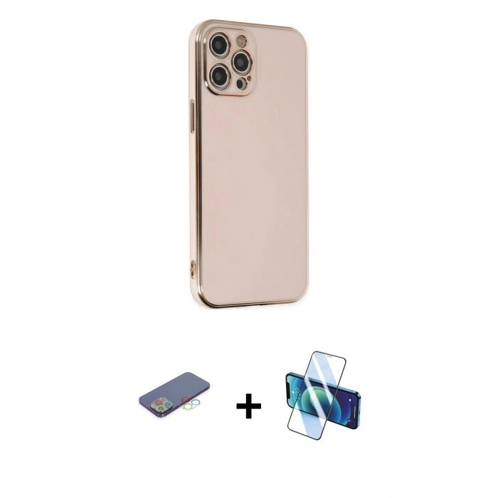 MARSİLYAN™- iPhone 12 Pro Max Kılıf Yankı Serisi - Siyah 3D Antistatik Cam Ekran Koruyucu + Renkli Kamera Lens Koruma Cam - MI