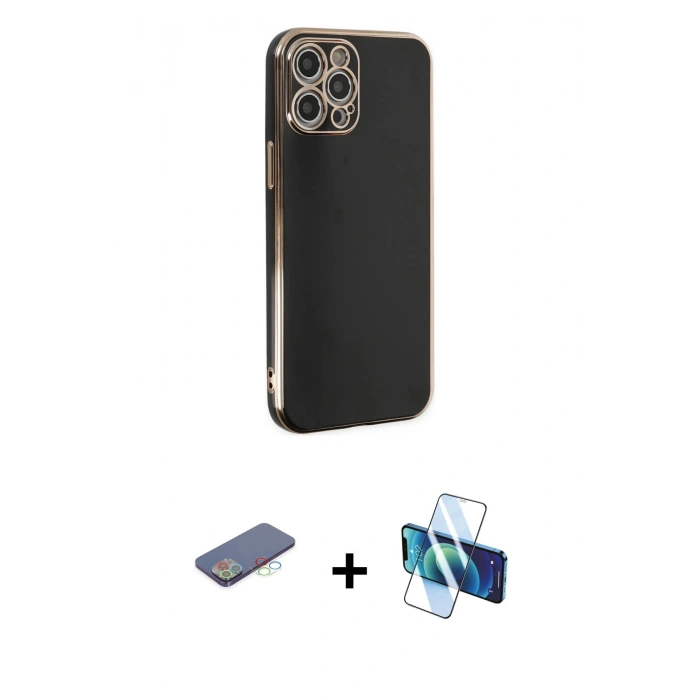 MARSİLYAN™- iPhone 12 Pro Max Kılıf Yankı Serisi - Siyah 3D Antistatik Cam Ekran Koruyucu + Renkli Kamera Lens Koruma Cam - MI