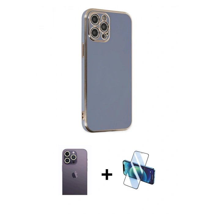 MARSİLYAN™- iPhone 12 Pro Max Kılıf Yankı Serisi - Siyah 3D Antistatik Cam Ekran Koruyucu + Neon Fosforlu Kamera Lens - BZ