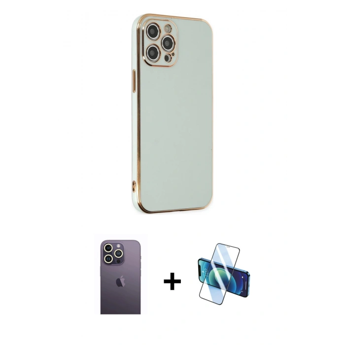 MARSİLYAN™- iPhone 12 Pro Max Kılıf Yankı Serisi - Siyah 3D Antistatik Cam Ekran Koruyucu + Neon Fosforlu Kamera Lens - BZ