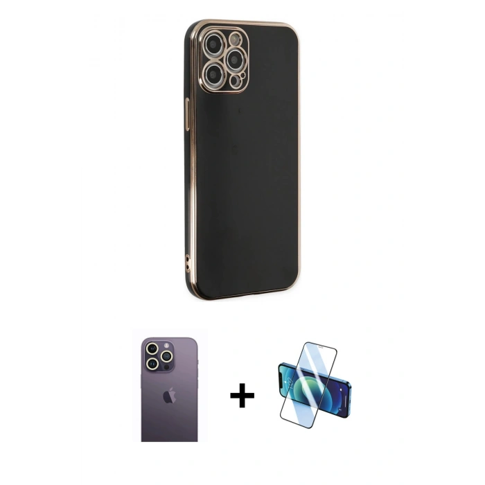 MARSİLYAN™- iPhone 12 Pro Max Kılıf Yankı Serisi - Siyah 3D Antistatik Cam Ekran Koruyucu + Neon Fosforlu Kamera Lens - BZ