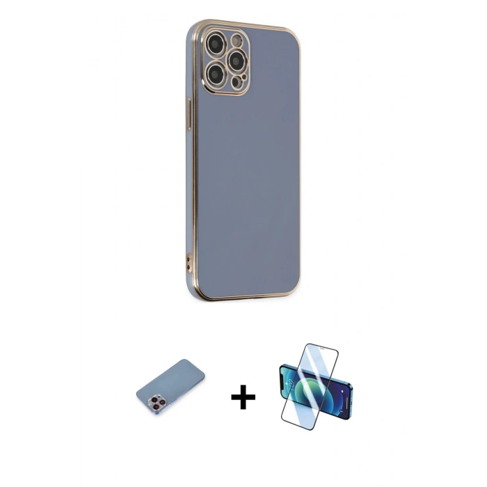 MARSİLYAN™- iPhone 12 Pro Max Kılıf Yankı Serisi - Siyah 3D Antistatik Cam Ekran Koruyucu + Shine Kamera Lens Koruma Cam - PE