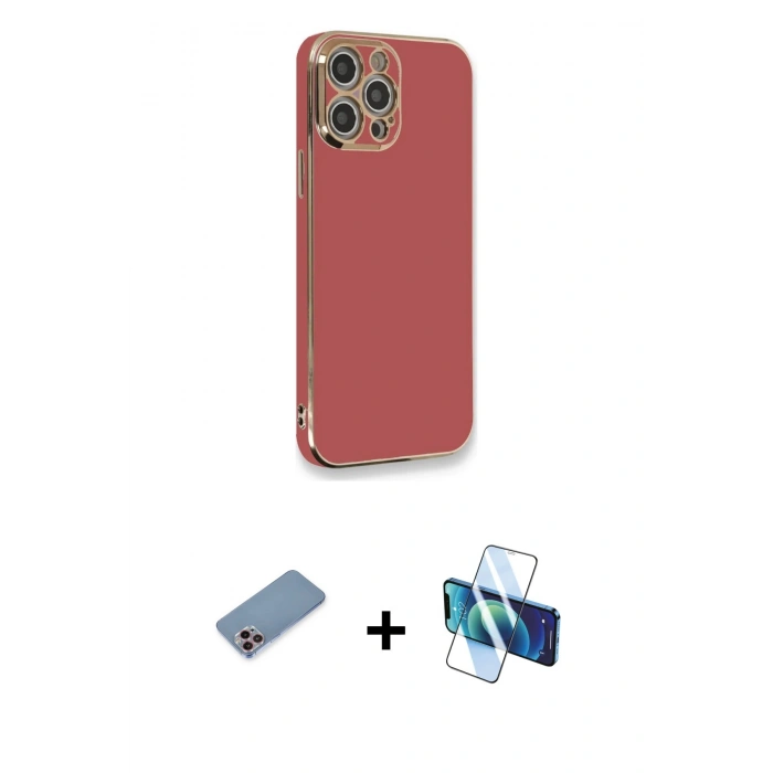 MARSİLYAN™- iPhone 12 Pro Max Kılıf Yankı Serisi - Siyah 3D Antistatik Cam Ekran Koruyucu + Shine Kamera Lens Koruma Cam - PE