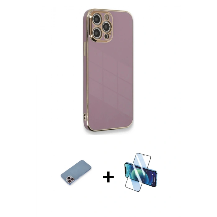 MARSİLYAN™- iPhone 12 Pro Max Kılıf Yankı Serisi - Siyah 3D Antistatik Cam Ekran Koruyucu + Shine Kamera Lens Koruma Cam - PE
