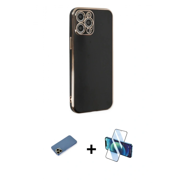 MARSİLYAN™- iPhone 12 Pro Max Kılıf Yankı Serisi - Siyah 3D Antistatik Cam Ekran Koruyucu + Shine Kamera Lens Koruma Cam - GD