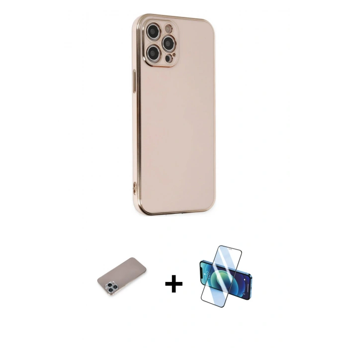 MARSİLYAN™- iPhone 12 Pro Max Kılıf Yankı Serisi - Siyah 3D Antistatik Cam Ekran Koruyucu + Shine Kamera Lens Koruma Cam - SABE