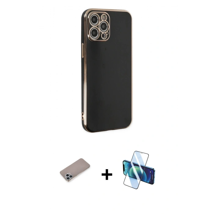MARSİLYAN™- iPhone 12 Pro Max Kılıf Yankı Serisi - Siyah 3D Antistatik Cam Ekran Koruyucu + Shine Kamera Lens Koruma Cam - SABE