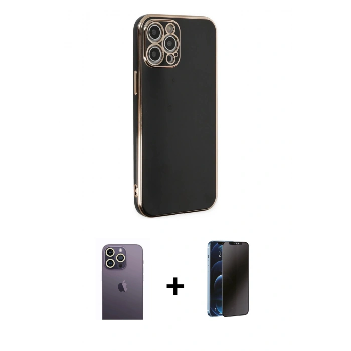 MARSİLYAN™- iPhone 12 Pro Max Kılıf Yankı Serisi - Siyah 3D Antistatik Hayalet Cam Ekran Koruyucu + Neon Fosforlu Kamera Lens - BZ
