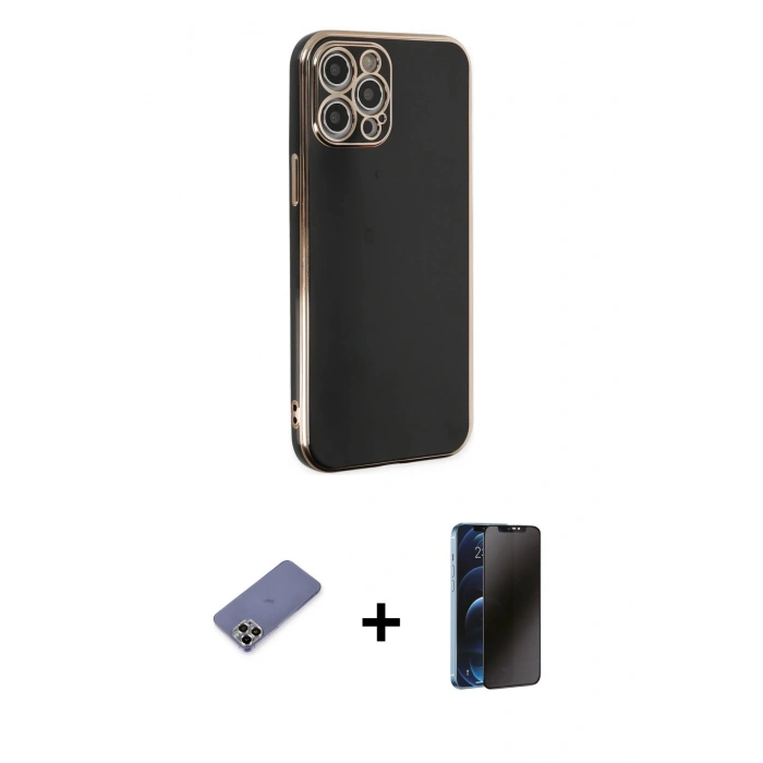MARSİLYAN™- iPhone 12 Pro Max Kılıf Yankı Serisi - Siyah 3D Antistatik Hayalet Cam Ekran Koruyucu + Metal Kamera Lens Koruma Cam - GD