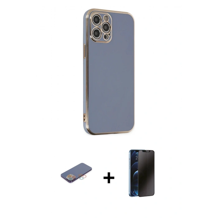 MARSİLYAN™- iPhone 12 Pro Max Kılıf Yankı Serisi - Siyah 3D Antistatik Hayalet Cam Ekran Koruyucu + Renkli Kamera Lens Koruma Cam - PE