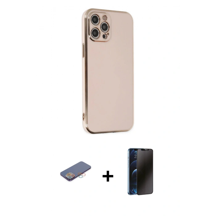 MARSİLYAN™- iPhone 12 Pro Max Kılıf Yankı Serisi - Siyah 3D Antistatik Hayalet Cam Ekran Koruyucu + Renkli Kamera Lens Koruma Cam - PE