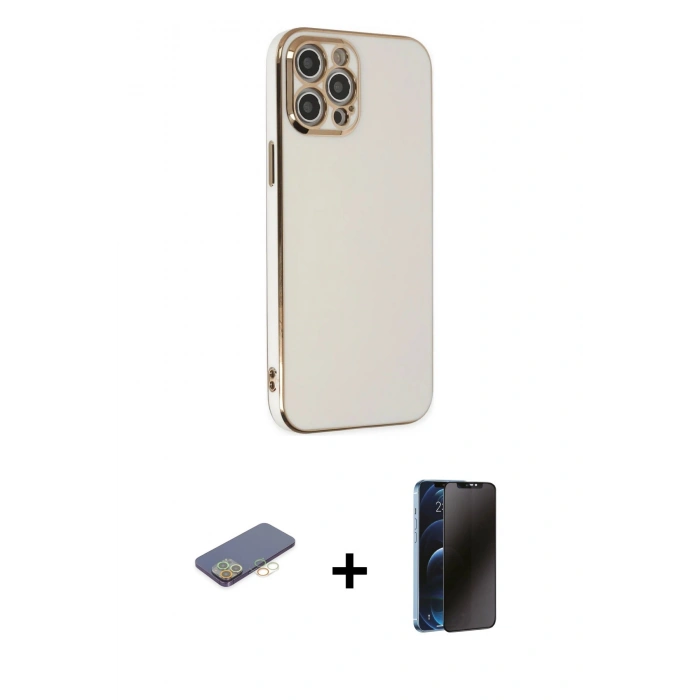 MARSİLYAN™- iPhone 12 Pro Max Kılıf Yankı Serisi - Siyah 3D Antistatik Hayalet Cam Ekran Koruyucu + Renkli Kamera Lens Koruma Cam - SI