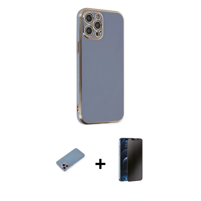 MARSİLYAN™- iPhone 12 Pro Max Kılıf Yankı Serisi - Siyah 3D Antistatik Hayalet Cam Ekran Koruyucu + Shine Kamera Lens Koruma Cam - PE