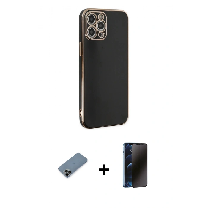 MARSİLYAN™- iPhone 12 Pro Max Kılıf Yankı Serisi - Siyah 3D Antistatik Hayalet Cam Ekran Koruyucu + Shine Kamera Lens Koruma Cam - SH