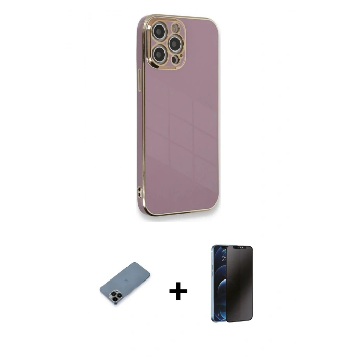 MARSİLYAN™- iPhone 12 Pro Max Kılıf Yankı Serisi - Siyah 3D Antistatik Hayalet Cam Ekran Koruyucu + Shine Kamera Lens Koruma Cam - SH