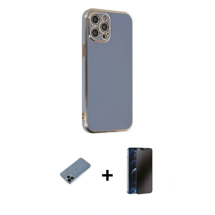 MARSİLYAN™- iPhone 12 Pro Max Kılıf Yankı Serisi - Siyah 3D Antistatik Hayalet Cam Ekran Koruyucu + Shine Kamera Lens Koruma Cam - SH