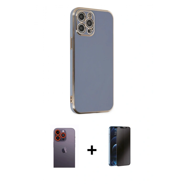 MARSİLYAN™- iPhone 12 Pro Max Kılıf Yankı Serisi - Siyah 3D Antistatik Hayalet Cam Ekran Koruyucu + Neon Fosforlu Kamera Lens - TU