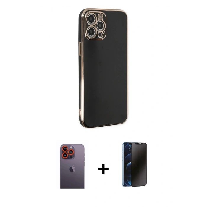 MARSİLYAN™- iPhone 12 Pro Max Kılıf Yankı Serisi - Siyah 3D Antistatik Hayalet Cam Ekran Koruyucu + Neon Fosforlu Kamera Lens - TU