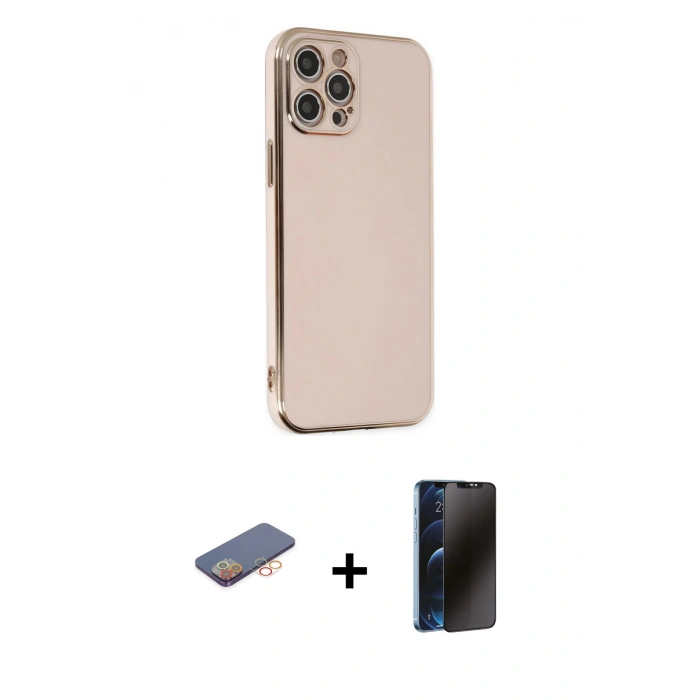 MARSİLYAN™- iPhone 12 Pro Max Kılıf Yankı Serisi - Siyah 3D Antistatik Hayalet Cam Ekran Koruyucu + Renkli Kamera Lens Koruma Cam - TU