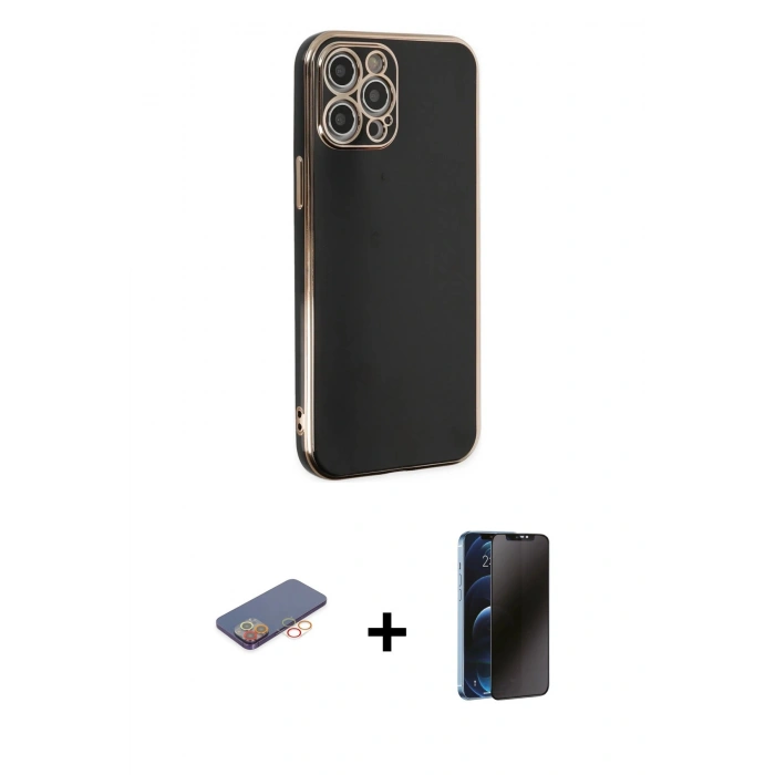 MARSİLYAN™- iPhone 12 Pro Max Kılıf Yankı Serisi - Siyah 3D Antistatik Hayalet Cam Ekran Koruyucu + Renkli Kamera Lens Koruma Cam - TU
