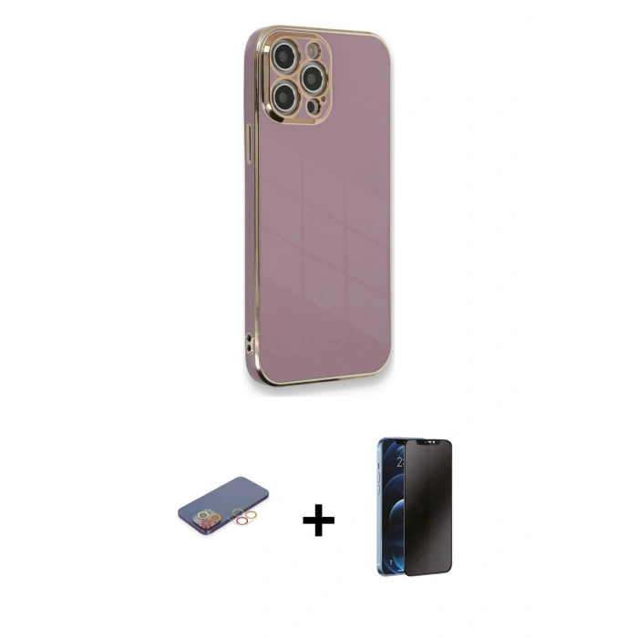 MARSİLYAN™- iPhone 12 Pro Max Kılıf Yankı Serisi - Siyah 3D Antistatik Hayalet Cam Ekran Koruyucu + Renkli Kamera Lens Koruma Cam - TU