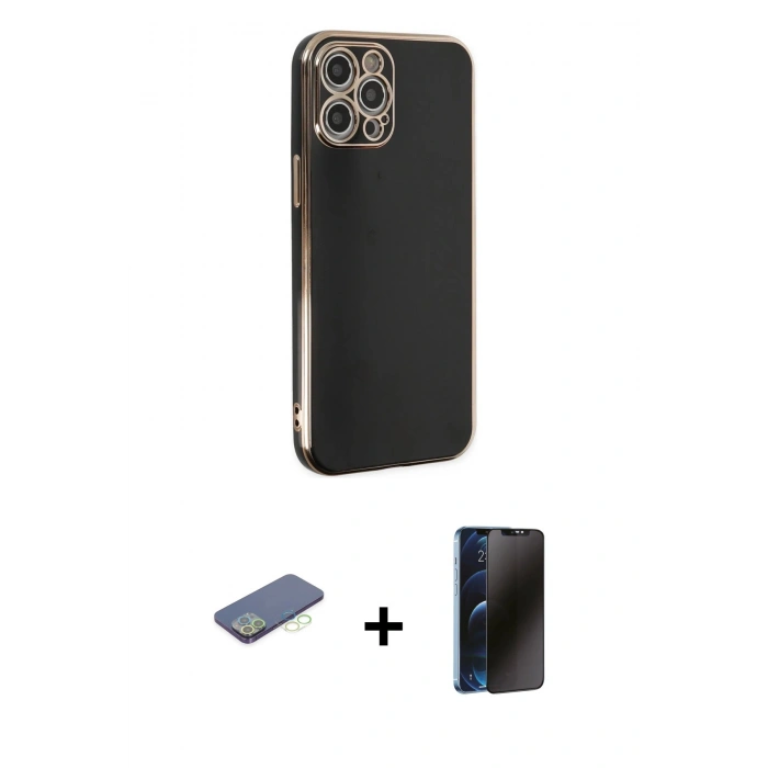 MARSİLYAN™- iPhone 12 Pro Max Kılıf Yankı Serisi - Siyah 3D Antistatik Hayalet Cam Ekran Koruyucu + Renkli Kamera Lens Koruma Cam - YL