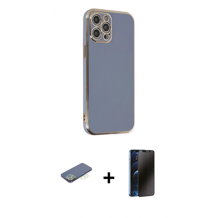 MARSİLYAN™- iPhone 12 Pro Max Kılıf Yankı Serisi - Siyah 3D Antistatik Hayalet Cam Ekran Koruyucu + Renkli Kamera Lens Koruma Cam - YL