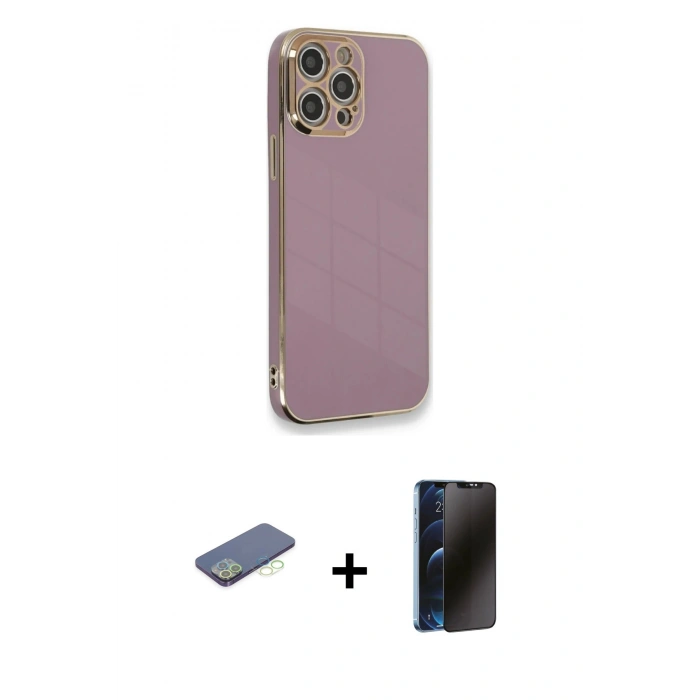 MARSİLYAN™- iPhone 12 Pro Max Kılıf Yankı Serisi - Siyah 3D Antistatik Hayalet Cam Ekran Koruyucu + Renkli Kamera Lens Koruma Cam - YL