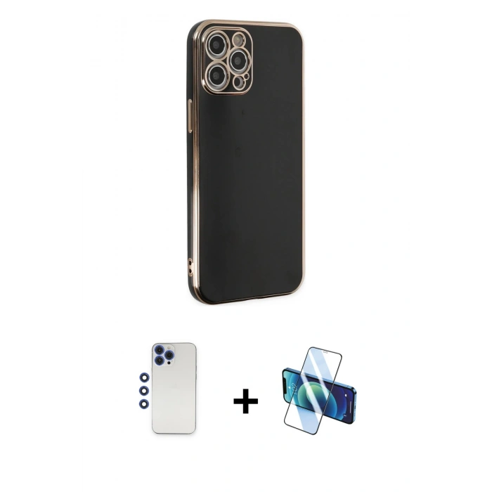 MARSİLYAN™- iPhone 12 Pro Max Kılıf Yankı Serisi - Siyah 3D Antistatik Seramik Nano Ekran Koruyucu + Shine Kamera Lens - LT