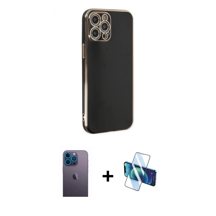 MARSİLYAN™- iPhone 12 Pro Max Kılıf Yankı Serisi - Siyah 3D Antistatik Seramik Nano Ekran Koruyucu + Neon Fosforlu Kamera Lens - MI