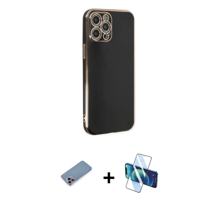 MARSİLYAN™- iPhone 12 Pro Max Kılıf Yankı Serisi - Siyah 3D Antistatik Seramik Nano Ekran Koruyucu + Shine Kamera Lens Koruma Cam - PE