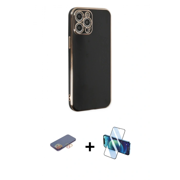 MARSİLYAN™- iPhone 12 Pro Max Kılıf Yankı Serisi - Siyah 3D Antistatik Seramik Nano Ekran Koruyucu + Renkli Kamera Lens Koruma Cam - TU
