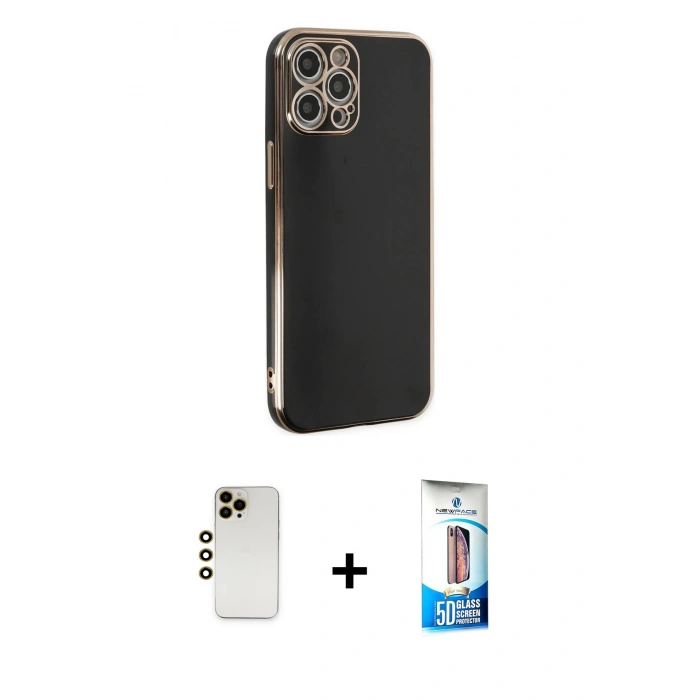 MARSİLYAN™- iPhone 12 Pro Max Kılıf Yankı Serisi - Siyah 5D Eko Cam Ekran Koruyucu + Shine Kamera Lens - GD