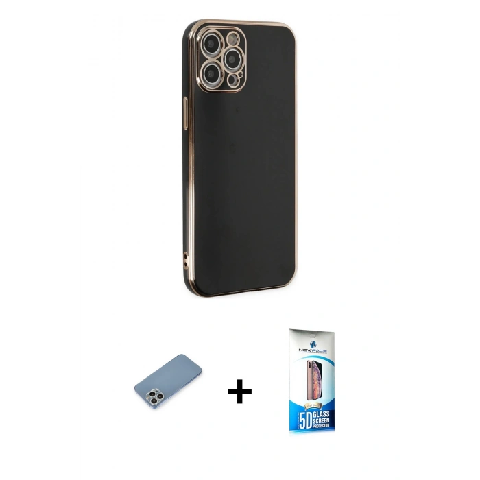 MARSİLYAN™- iPhone 12 Pro Max Kılıf Yankı Serisi - Siyah 5D Eko Cam Ekran Koruyucu + Shine Kamera Lens Koruma Cam - GS
