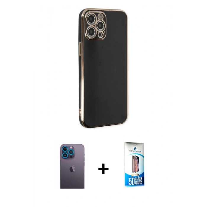 MARSİLYAN™- iPhone 12 Pro Max Kılıf Yankı Serisi - Siyah 5D Eko Cam Ekran Koruyucu + Neon Fosforlu Kamera Lens - MI