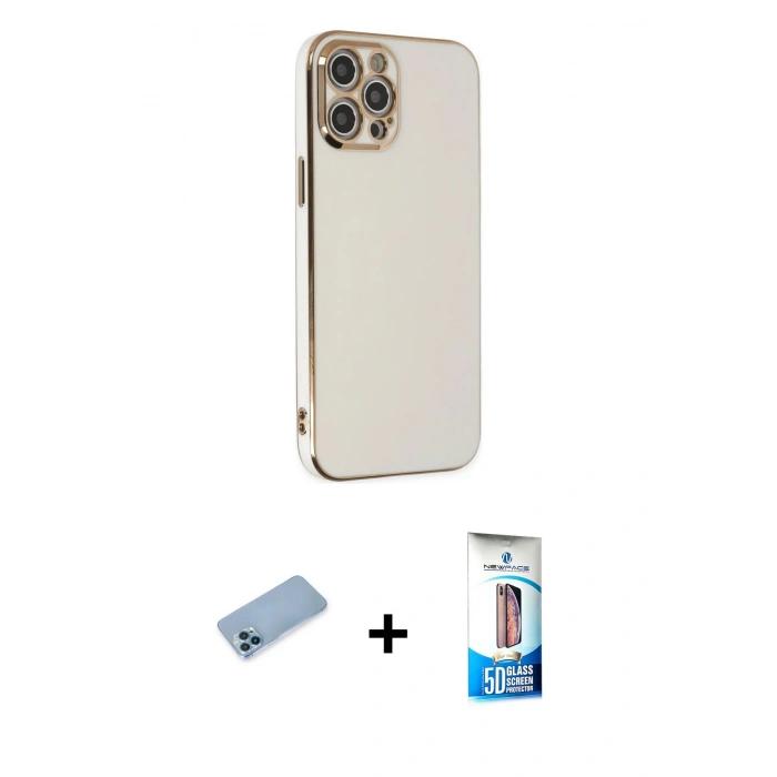 MARSİLYAN™- iPhone 12 Pro Max Kılıf Yankı Serisi - Siyah 5D Eko Cam Ekran Koruyucu + Mavi Shine Kamera Lens Koruma Cam