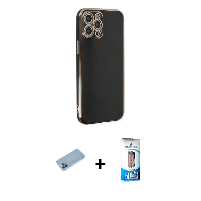 MARSİLYAN™- iPhone 12 Pro Max Kılıf Yankı Serisi - Siyah 5D Eko Cam Ekran Koruyucu + Mavi Shine Kamera Lens Koruma Cam
