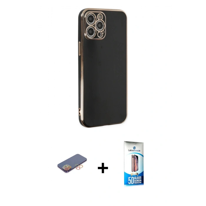 MARSİLYAN™- iPhone 12 Pro Max Kılıf Yankı Serisi - Siyah 5D Eko Cam Ekran Koruyucu + Renkli Kamera Lens Koruma Cam - TU