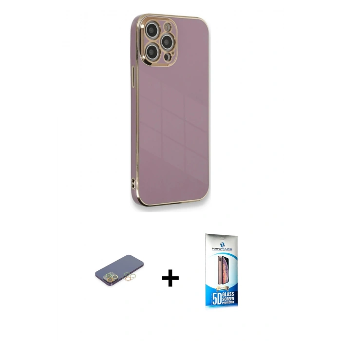 MARSİLYAN™- iPhone 12 Pro Max Kılıf Yankı Serisi - Siyah 5D Eko Cam Ekran Koruyucu + Renkli Kamera Lens Koruma Cam - SI