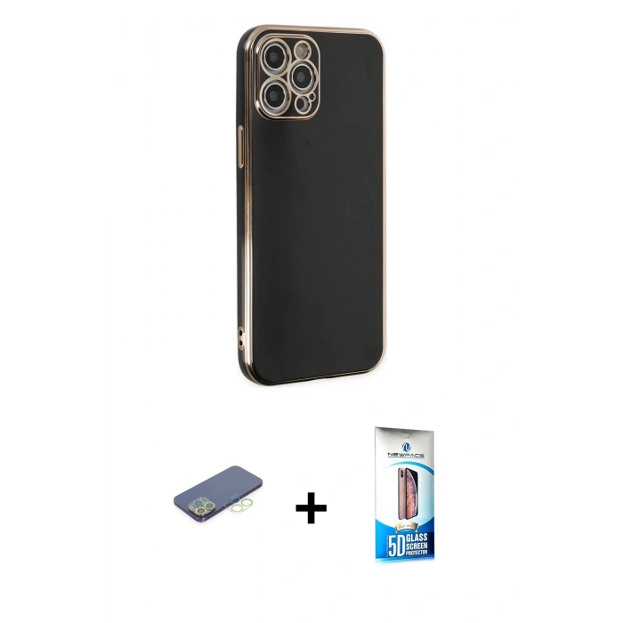 MARSİLYAN™- iPhone 12 Pro Max Kılıf Yankı Serisi - Siyah 5D Eko Cam Ekran Koruyucu + Renkli Kamera Lens Koruma Cam - YL