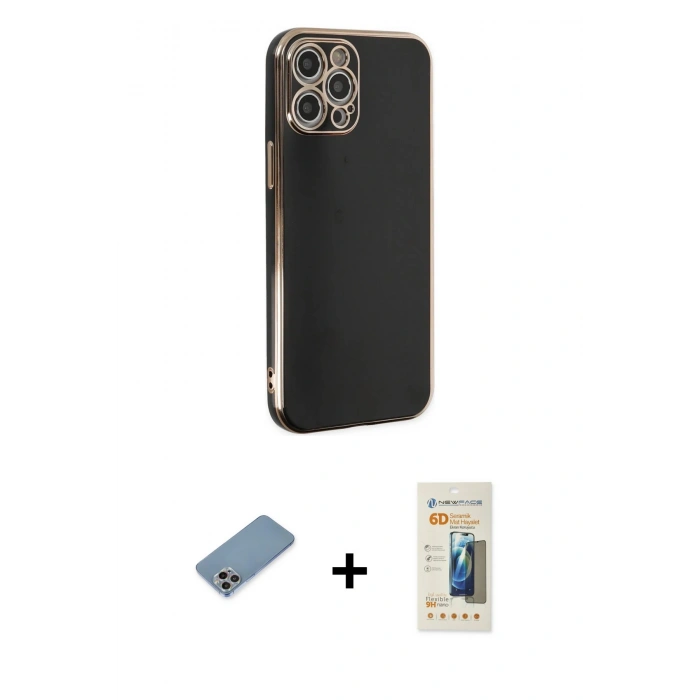 MARSİLYAN™- iPhone 12 Pro Max Kılıf Yankı Serisi - Siyah 6D Mat Seramik Hayalet Nano Ekran Koruyucu + Shine Kamera Lens Koruma Cam - GI