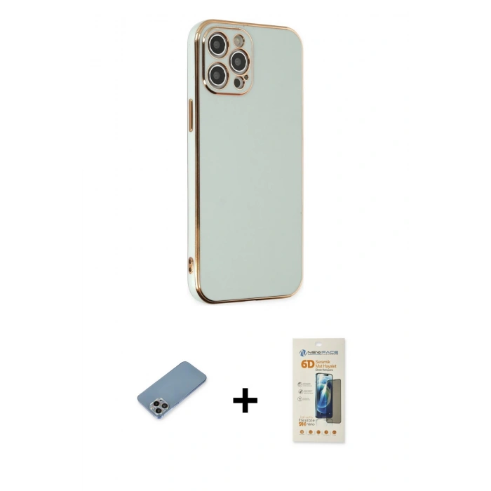 MARSİLYAN™- iPhone 12 Pro Max Kılıf Yankı Serisi - Siyah 6D Mat Seramik Hayalet Nano Ekran Koruyucu + Shine Kamera Lens Koruma Cam - GI