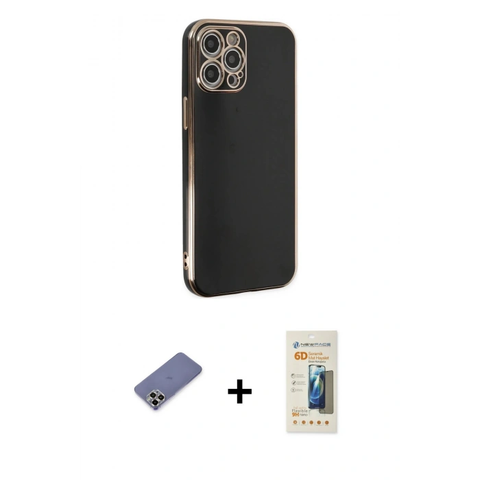 MARSİLYAN™- iPhone 12 Pro Max Kılıf Yankı Serisi - Siyah 6D Mat Seramik Hayalet Nano Ekran Koruyucu + Metal Kamera Lens Koruma Cam - GD
