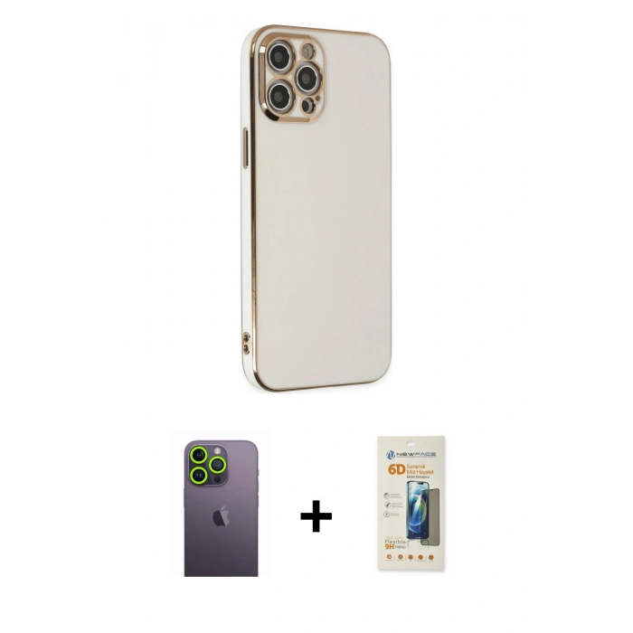 MARSİLYAN™- iPhone 12 Pro Max Kılıf Yankı Serisi - Siyah 6D Mat Seramik Hayalet Nano Ekran Koruyucu + Neon Fosforlu Kamera Lens - YL